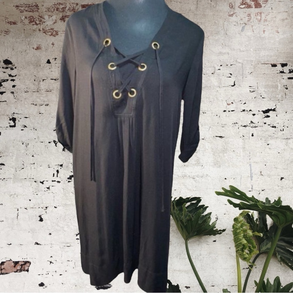 $10$ add on Dex NWT black cotton tunic midi dress with grommet &  tie neckline.